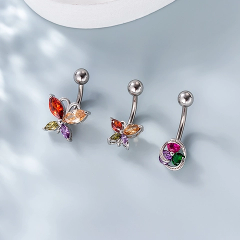 Joyas De Perforación De Ombligo De Acero Inoxidable Con Colgante De Mariposa De Circonita Colorida Anillo De Ombligo Mujer