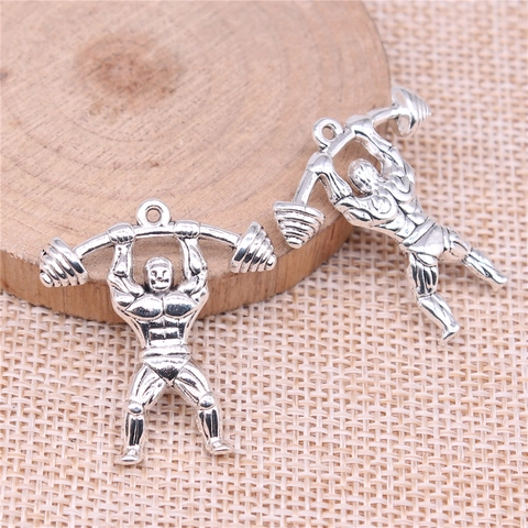 Alloy Weightlifting Athlete Man Pendant Fitness Muscular Figure Barbell Charm For DIY Jewelry Making Necklace Accessory
