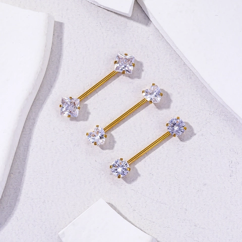 Nipple Rings Stainless Steel Barbell Internal Thread Prong Set Cubic Zirconia Heart Square Round Shape Body Jewelry Women
