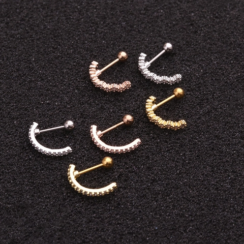 Curved Zirconia Stainless Steel Stud Earrings For Women Screw Back Helix Conch Ear Piercing Jewelry Gold Silver Rose Gold Pave Rhinestone Earrings