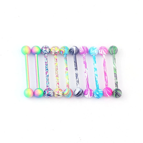 Stainless Steel Tongue Rings Nipple Rings Mixed Pattern Lacquered Balls Straight Barbell Piercing Jewelry Unisex Fashion