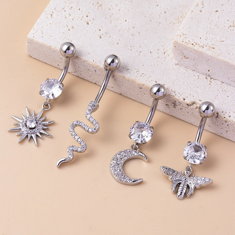 Piercing Para El Ombligo Con Colgante De Circón Acero Inoxidable Joyería Corporal Mujeres Sol Luna Serpiente Abeja