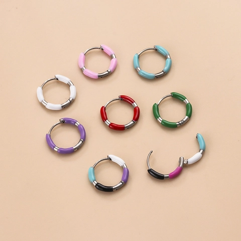 Stainless Steel Enamel Hoop Earrings Colorful Geometric Round Piercing Jewelry Fashion Ear Cartilage Studs For Women