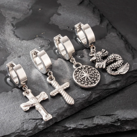 Stainless Steel Hoop Dangle Ohrringe Kreuz Drache Schlange Stern Anhänger Punk Hip Hop Vintage Schmuck Für Herren