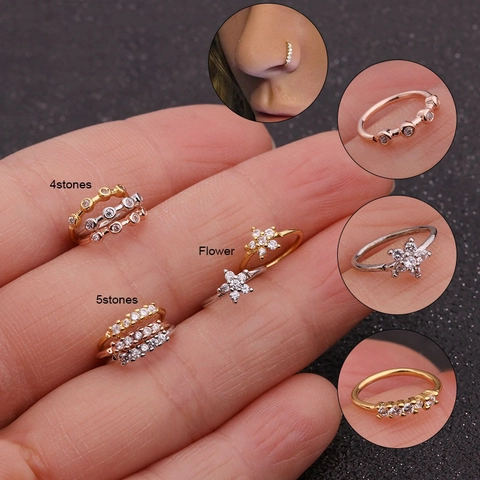 Copper Zirconia Flower Nose Ring Ear Cartilage Piercing Stud Minimalist Flower Row Zircon Hoop Earrings Gold Silver Plated Jewelry For Women