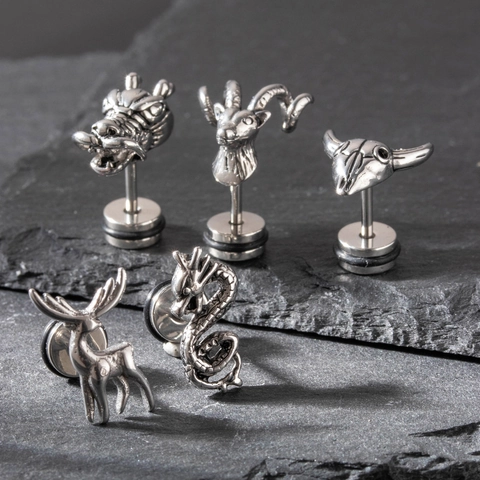 Punk Stainless Steel Stud Earrings For Men Animal Dragon Deer Skull Vintage Hip Hop Piercing Jewelry Accessory