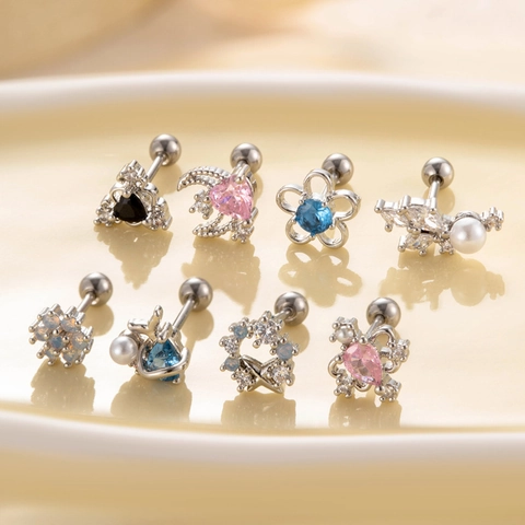 Pendientes De Cartílago Titanio Acero Inoxidable Rosca Helix Piercing Circonita Opalo Perla Artificial Flor Luna Corazón Estrella