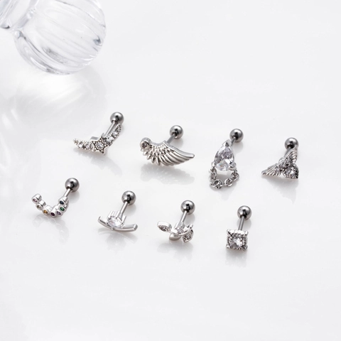 Copper Zircon Cartilage Piercing Stud Earrings Stainless Steel Post Star Wing Shape Screw Back Helix Jewelry For Women