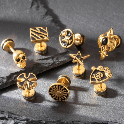 Stainless Steel Stud Earrings For Men Gothic Skull Cross Geometric Gold Black Enamel Punk Vintage Hip Hop Jewelry