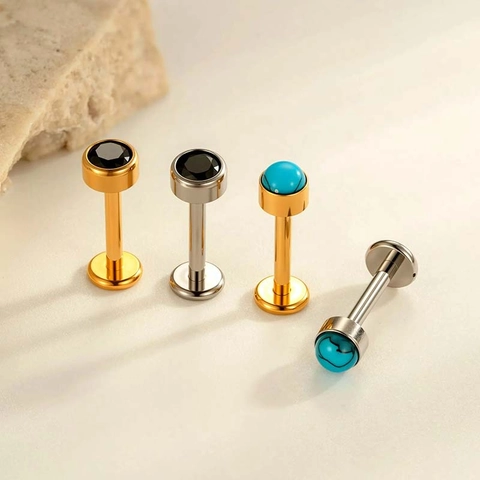 G23 Titanium Labret Stud Threadless Push Pin Flat Back Lip Piercing Ear Cartilage Earring Black Zirconia Turquoise Stone