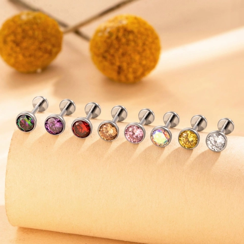 Titanlegierung Labret Stecker Lippenpiercing Schmuck Innengewinde Rund Zirkonia Flache Rückseite Knorpel Tragus Helix Ohrringe