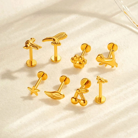 Orecchini Labret in Lega di Titanio F136 G23 Filettatura Interna Oro Argento Ciliegia Libellula Zampa di Gatto Gioielli Piercing