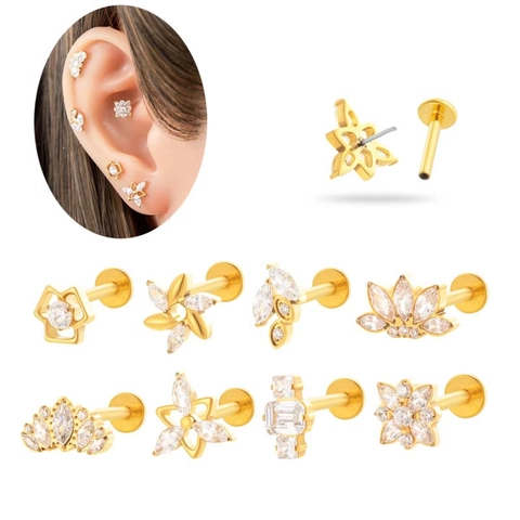 Titaniumlegering F136 G23 Zirconia Bloem Ster Kroon Lipring Labret Piercingsieraden Push-in Platte Achterkant Oorknopjes Vrouwen