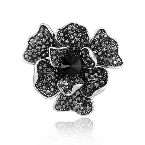 Spilla a Fiore a Strati Vintage per Donna in Metallo Argento Antico Strass Nero Camelia Spilla Moda Accessorio Abbigliamento Gioielli