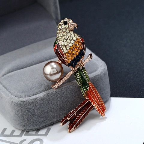 Spilla Pappagallo in Smalto Vintage Per Donna Lega Strass Spilla Animale Decorazione Perla Artificiale Accessori Gioielli Moda