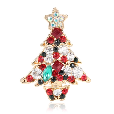 Christmas Tree Brooch Gold Alloy Red Green Rhinestone Crystal Breast Pin Festive Holiday Jewelry Gift For Women