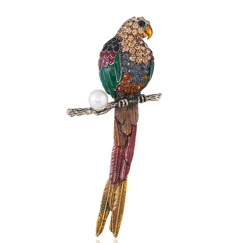 Vintage Alloy Colorful Rhinestone Parrot Brooch Elegant Enamel Bird Design With Faux Artificial Pearl Decorative Pin Women Jewelry Accessories