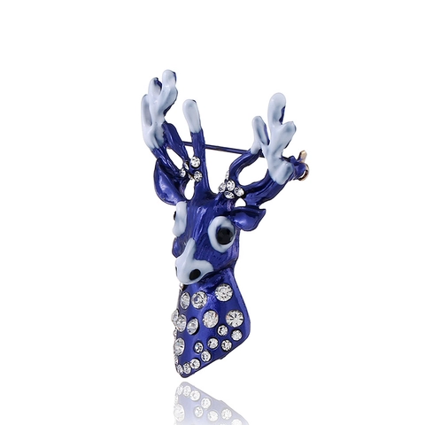 Christmas Reindeer Brooch For Women Vintage Dark Blue Enamel Fawn Pin With Rhinestones Holiday Party Clothing Jewelry