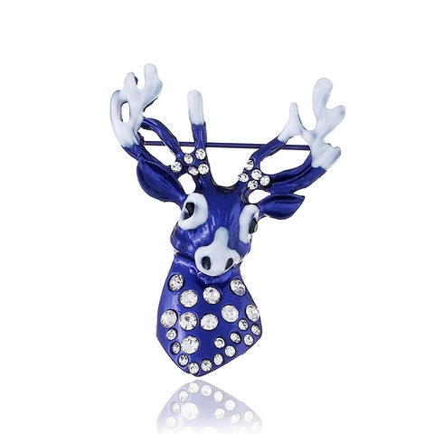 Christmas Reindeer Brooch For Women Vintage Dark Blue Enamel Fawn Pin With Rhinestones Holiday Party Clothing Jewelry