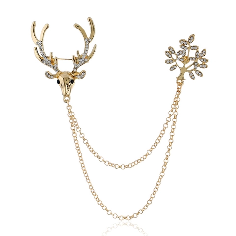 Vintage Gold Plated Alloy Rhinestone Elk Deer And Tree Double Chain Brooch Pin For Women Fashion Christmas Jewelry Gift