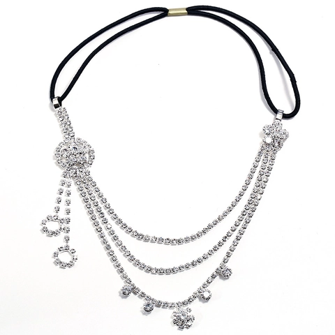 Elegant Flower Rhinestone Headband Bridal Wedding Elastic Head Chain Multi Layer Tassel Headpiece Gold Silver Jewelry