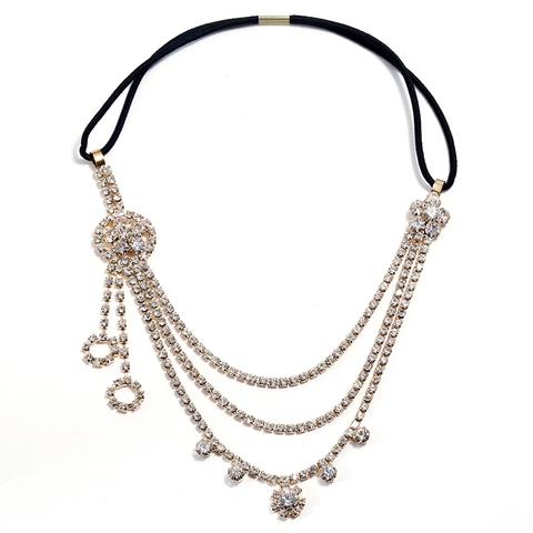 Elegant Flower Rhinestone Headband Bridal Wedding Elastic Head Chain Multi Layer Tassel Headpiece Gold Silver Jewelry