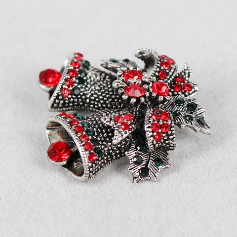 Broche de Cloche de Noël Vintage Avec Nœud Feuille de Houx Alliage Strass Rouge Vert pour Femme Bijoux de Fête
