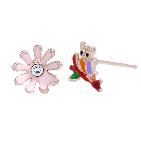 Asymmetric Owl Flower Stud Earrings Alloy Rhinestone Enameled Animal Floral Ear Jewelry For Women Girls Gift