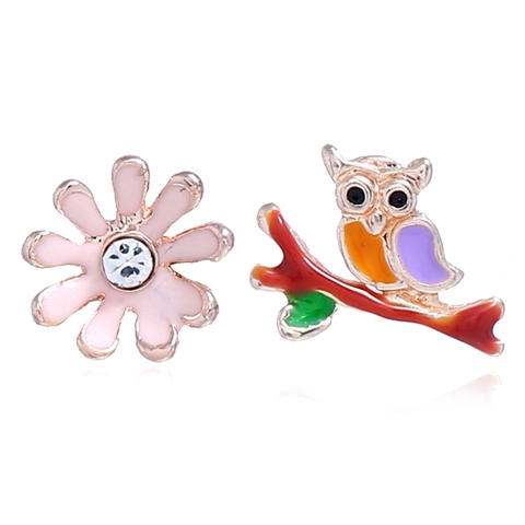 Asymmetric Owl Flower Stud Earrings Alloy Rhinestone Enameled Animal Floral Ear Jewelry For Women Girls Gift