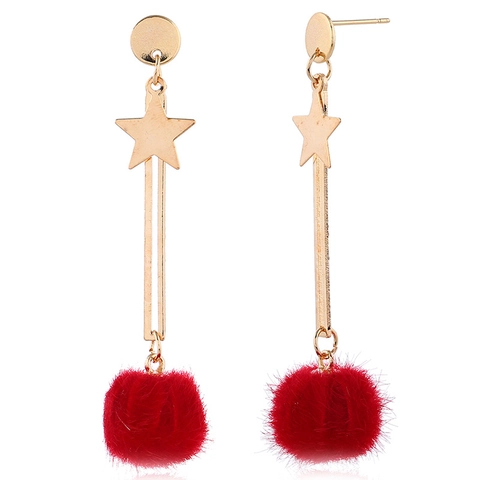 Sweet Star Faux Fur Pom Pom Long Drop Earrings For Women Gold Plated Zinc Alloy Leopard Print Plush Ball Earring Jewelry