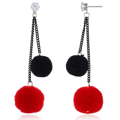 Korean Fashion Long Dangle Pom Pom Earrings For Women Metal Rhinestone Layered Color Block Drop Earrings Autumn Winter Jewelry