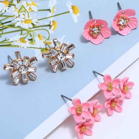 Koreanische Kleine Frische Blume Kristall Ohrstecker Für Damen Temperament Einfache Schneeflocke Legierung Rosa Schmuck Geschenk