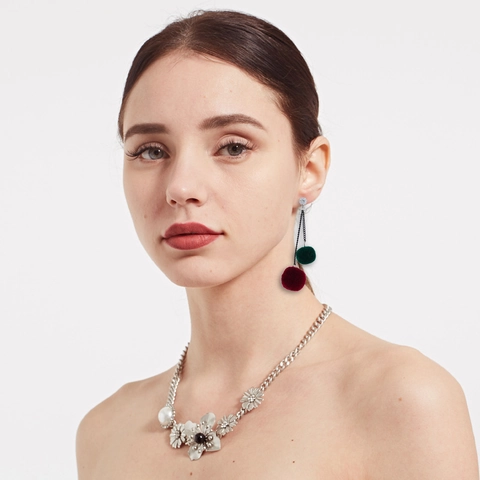 Korean Fashion Long Dangle Pom Pom Earrings For Women Metal Rhinestone Layered Color Block Drop Earrings Autumn Winter Jewelry
