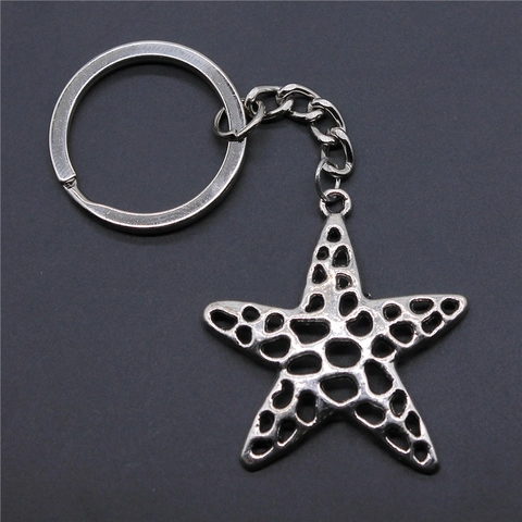Vintage Metal Starfish Keychain For Women Men Antique Silver Hollow Sea Star Pendant Key Ring Bag Hanging Ornament Souvenir Gift