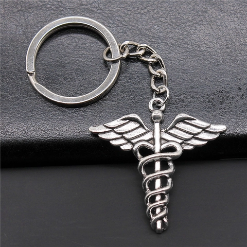 Vintage Caduceus Medical Symbol Keychain Zinc Alloy Metal Staff Wing Charm Key Ring For Doctor Nurse Professional Gift