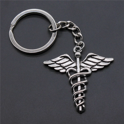 Vintage Caduceus Medical Symbol Keychain Zinc Alloy Metal Staff Wing Charm Key Ring For Doctor Nurse Professional Gift