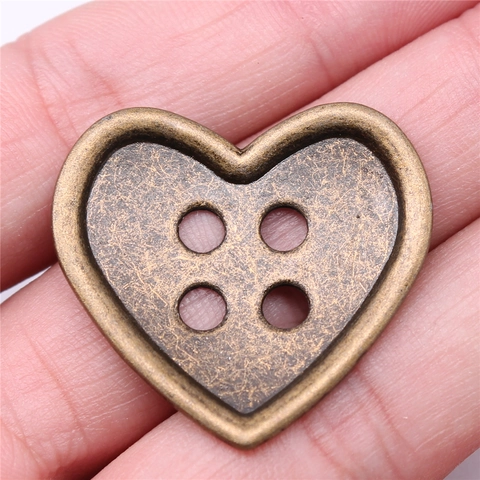 Vintage Heart Shape Antique Bronze Alloy Button Pendants Multi Hole Heart Pattern Retro Metal Charms For DIY Jewelry Making