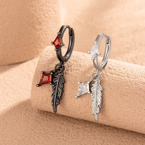Copper Feather Dangle Hoop Earrings Zirconia Rhombus Geometric Punk Gothic Jewelry For Men Women
