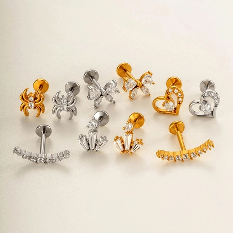 Pendientes de Botón Labret con Rosca Interna de Acero Inoxidable Mariposa Corazón Araña Serpiente Joyería de Piercing de Circonia para Mujer