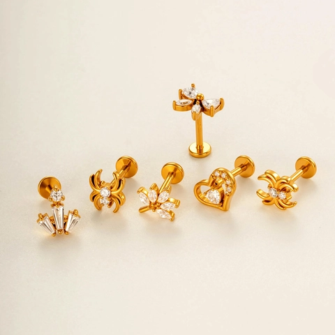 Pendientes de Botón Labret con Rosca Interna de Acero Inoxidable Mariposa Corazón Araña Serpiente Joyería de Piercing de Circonia para Mujer