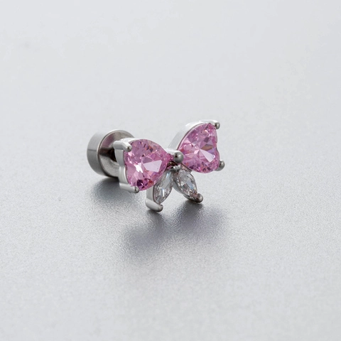 Butterfly Heart Bow Stud Earrings Titanium Steel Zircon Pink Blue Screw Back Piercing Jewelry For Women Delicate