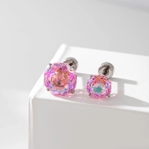 Titanium Steel Zircon Stud Earring Octagonal Rose Cut Rainbow AB Coated Ear Cartilage Bone Piercing Screw Back For Women