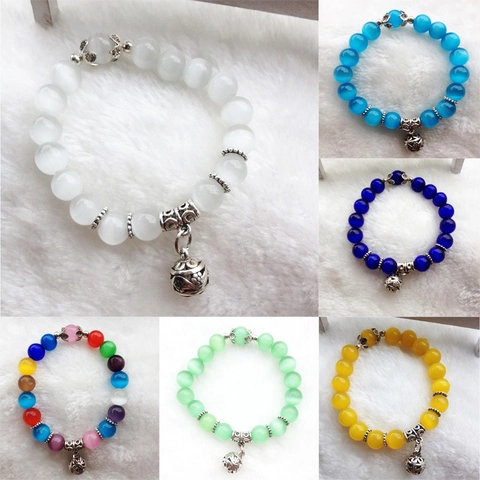 Women's Vintage Synthetic Cat's Eye Stone Beaded Bracelet With Hollow Ball Pendant Alloy Flower Bead Caps Bohemian Jewelry
