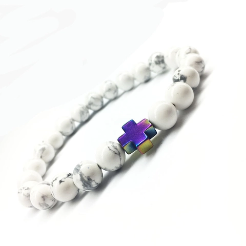 White Howlite Natural Stone Beaded Bracelet With Metal Cross Religious Yoga Buddha Beads Elastic Wristband Jewelry Gift