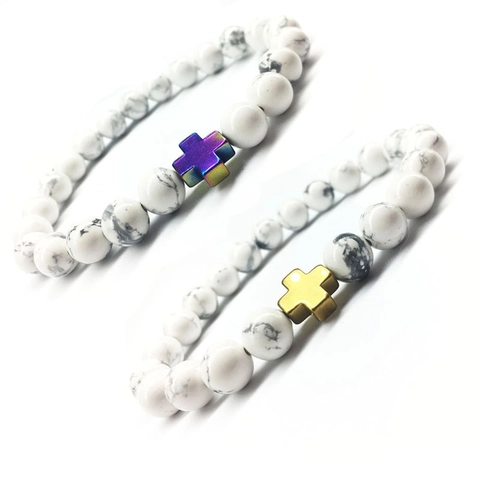White Howlite Natural Stone Beaded Bracelet With Metal Cross Religious Yoga Buddha Beads Elastic Wristband Jewelry Gift