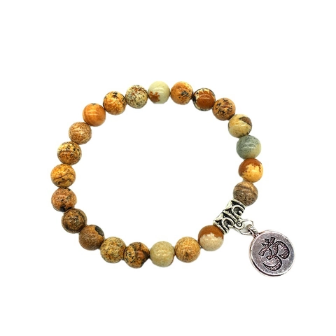 Natural Stone Beaded Bracelet With Vintage Silver Alloy Om Symbol Charm Elastic Spiritual Yoga Jewelry For Men Women