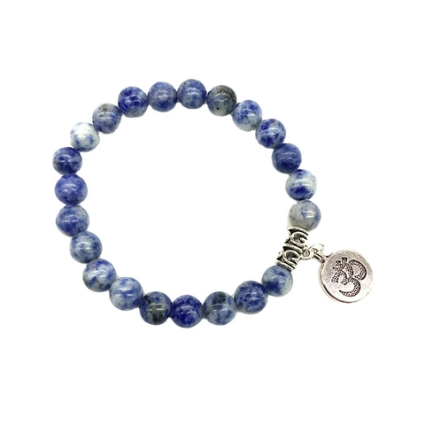 Natural Stone Beaded Bracelet With Vintage Silver Alloy Om Symbol Charm Elastic Spiritual Yoga Jewelry For Men Women