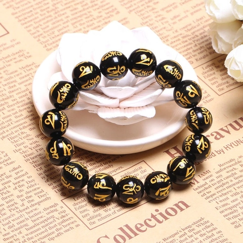 Black Glass Beaded Bracelet Gold Engraved Six Word Mantra Prayer Round Bead Bracelet For Men Women Zen Ethnic Jewelry
