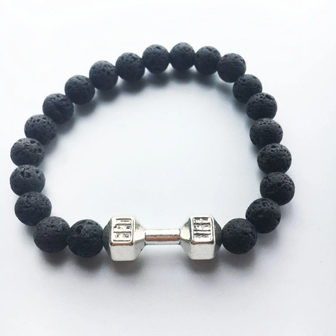 Fitness Dumbbell Beaded Bracelet Natural Lava Stone Tiger Eye Elastic Bracelet With Live Lift Engraving Jewelry For Gym Enthusiasts
