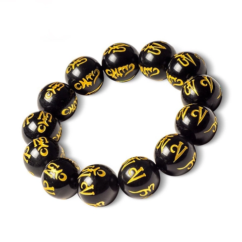 Black Glass Beaded Bracelet Gold Engraved Six Word Mantra Prayer Round Bead Bracelet For Men Women Zen Ethnic Jewelry